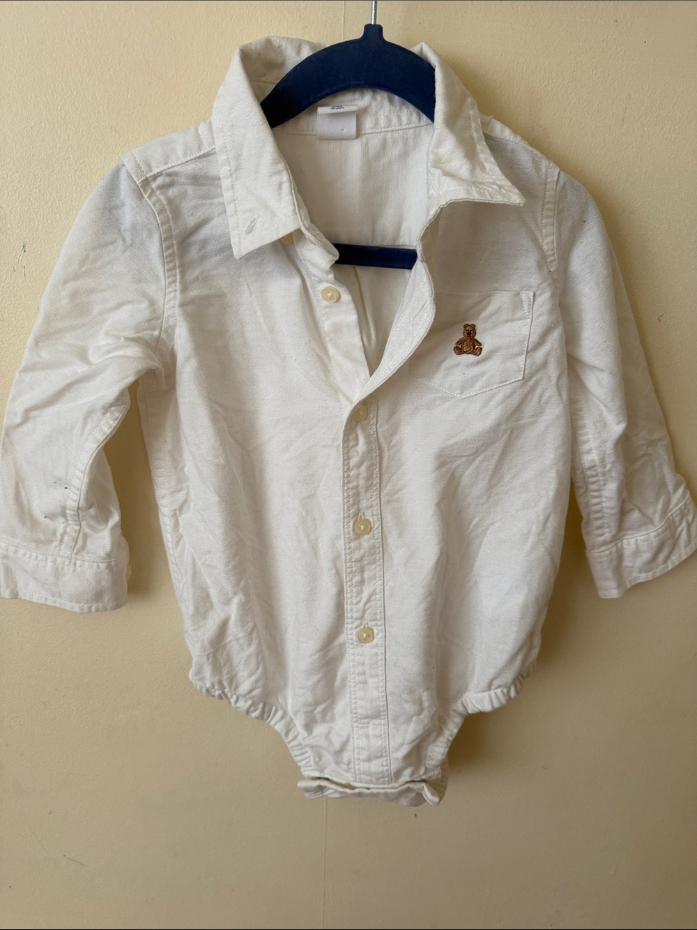 GAP Cream Button-Down Baby Bodysuit Shirt with Bear Embroidery